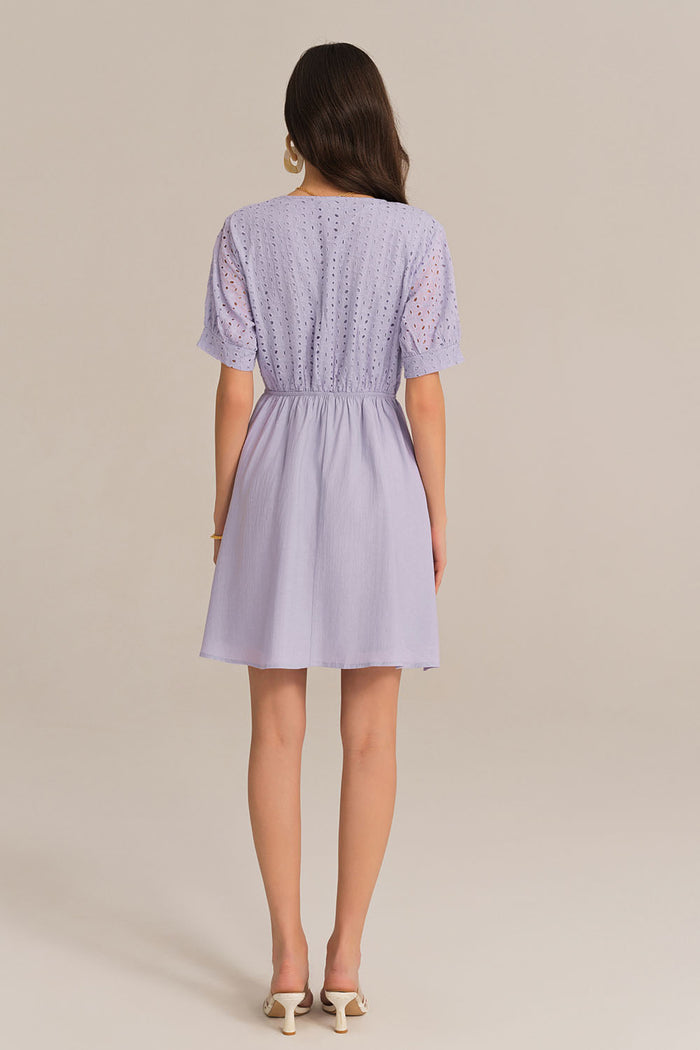 Grace Karin Contrast 1/2 Sleeve V-Neck Elastic Waist A-Line Dress - Purple