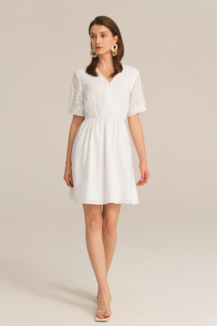 Grace Karin Contrast 1/2 Sleeve V-Neck Elastic Waist A-Line Dress - White