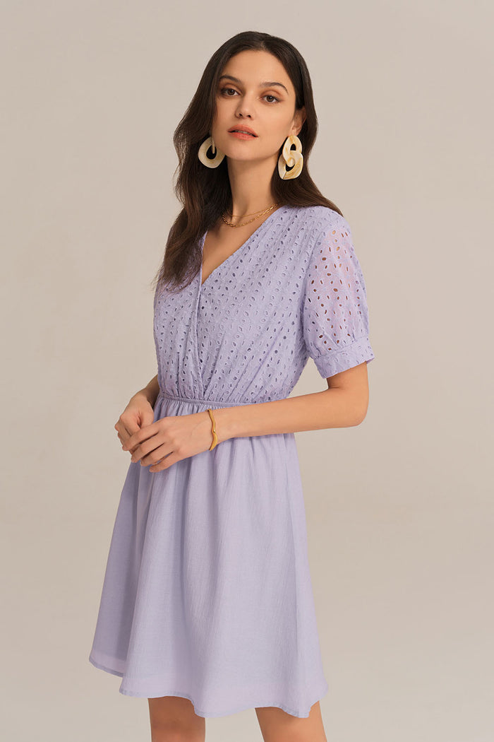 Grace Karin Contrast 1/2 Sleeve V-Neck Elastic Waist A-Line Dress - Purple