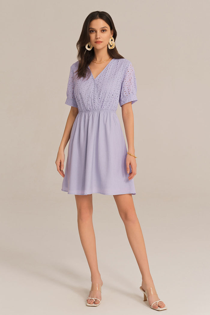 Grace Karin Contrast 1/2 Sleeve V-Neck Elastic Waist A-Line Dress - Purple