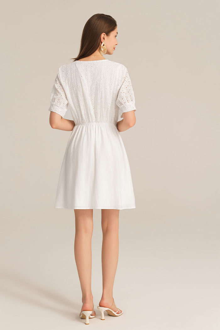 Grace Karin Contrast 1/2 Sleeve V-Neck Elastic Waist A-Line Dress - White