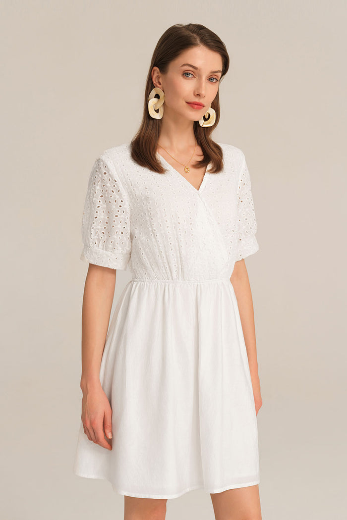 grace karin Contrast 1/2 Sleeve V-Neck Elastic Waist A-Line Dress - White