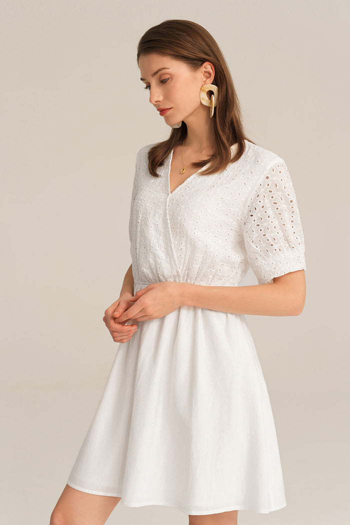 Grace Karin Contrast 1/2 Sleeve V-Neck Elastic Waist A-Line Dress - White