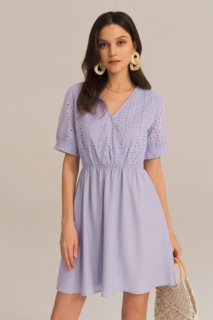 grace karin Contrast 1/2 Sleeve V-Neck Elastic Waist A-Line Dress - Purple