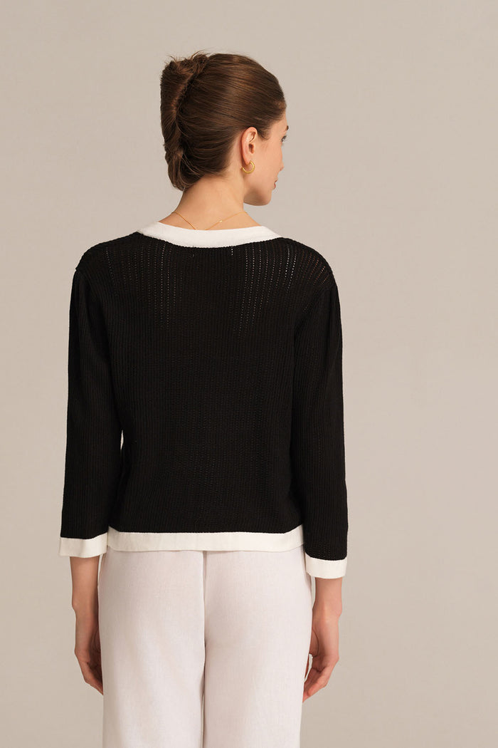 Grace Karin Contrast Color 3/4 Sleeve Crew Neck Knitted Cardigan