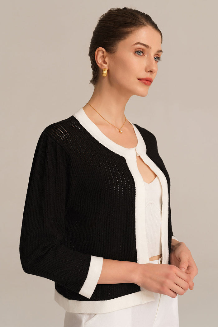 Grace Karin Contrast Color 3/4 Sleeve Crew Neck Knitted Cardigan