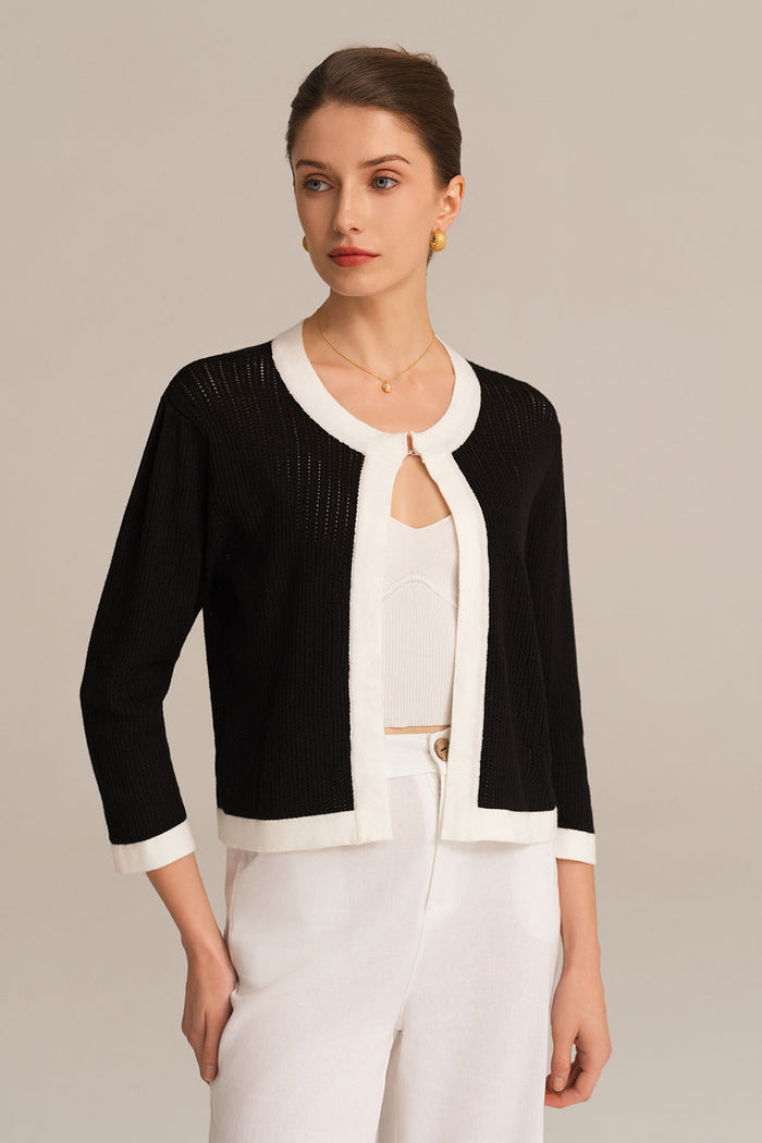 grace karin Contrast Color 3/4 Sleeve Crew Neck Knitted Cardigan