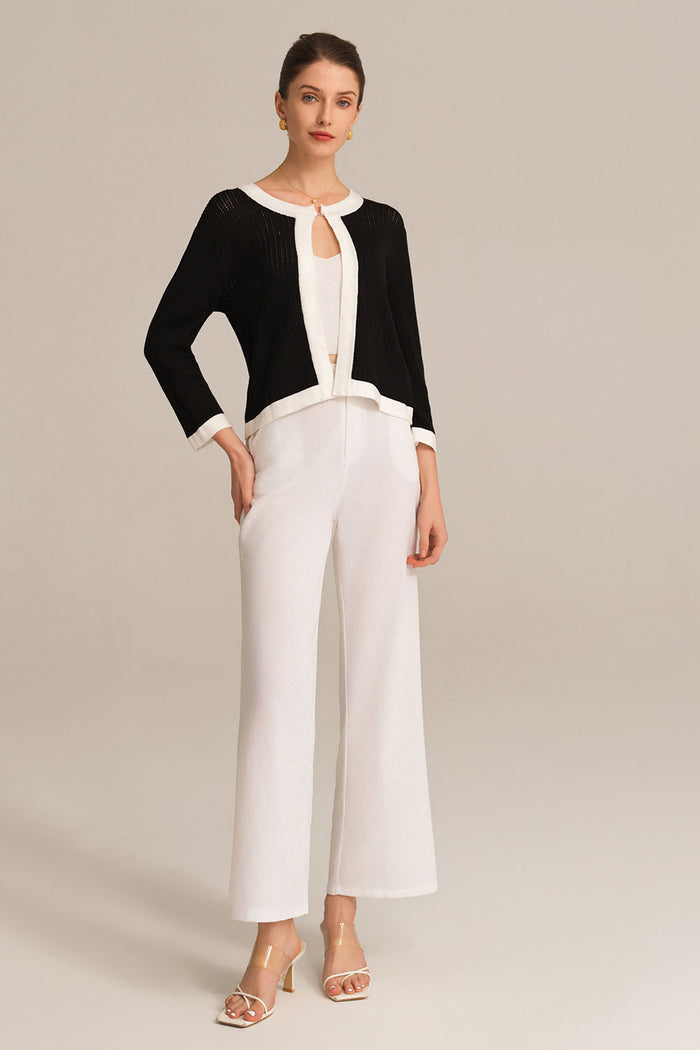 Grace Karin Contrast Color 3/4 Sleeve Crew Neck Knitted Cardigan