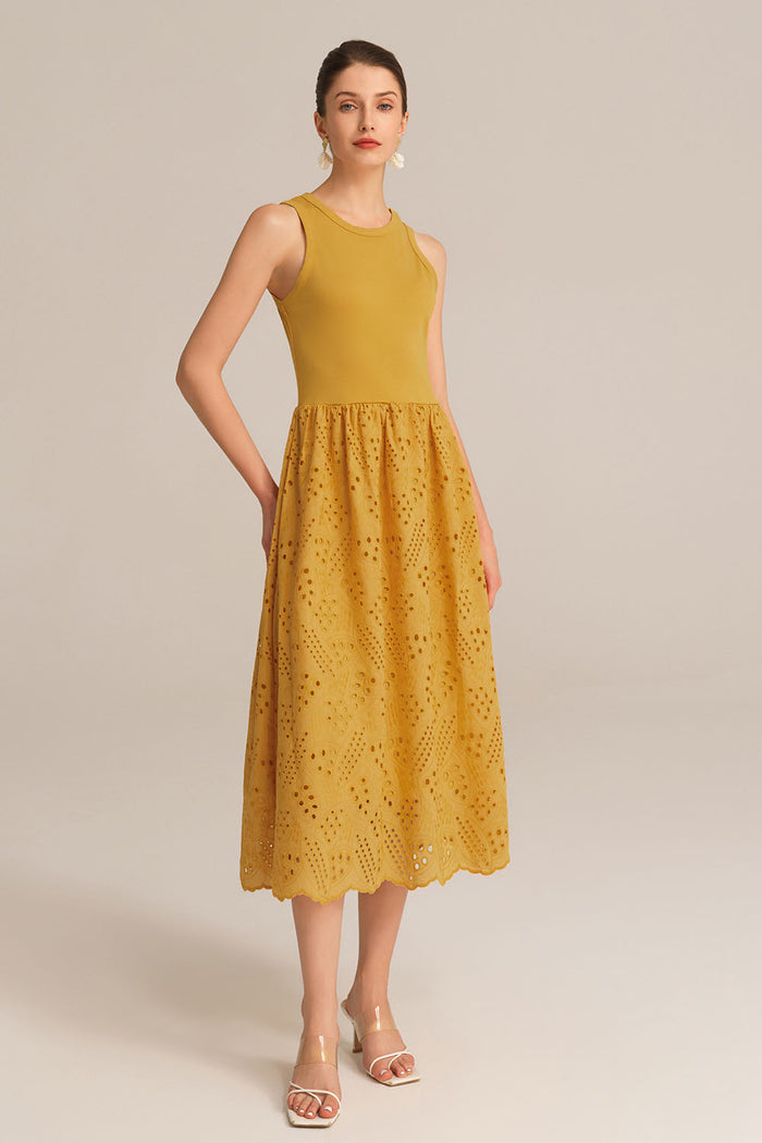 Grace Karin Contrast Fabric Sleeveless Crew Neck Flared A-Line Dress - Orange