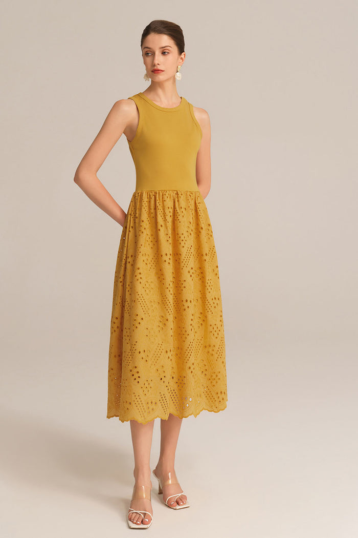 Grace Karin Contrast Fabric Sleeveless Crew Neck Flared A-Line Dress - Orange