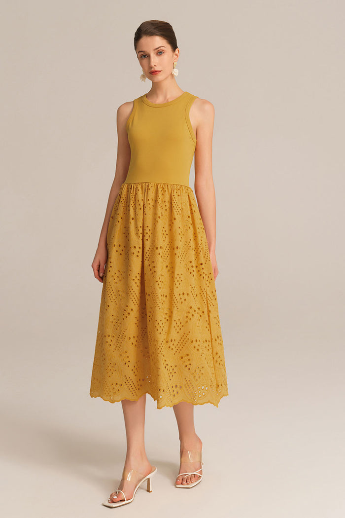 Grace Karin Contrast Fabric Sleeveless Crew Neck Flared A-Line Dress - Orange