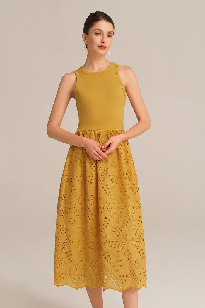 grace karin Contrast Fabric Sleeveless Crew Neck Flared A-Line Dress - Orange