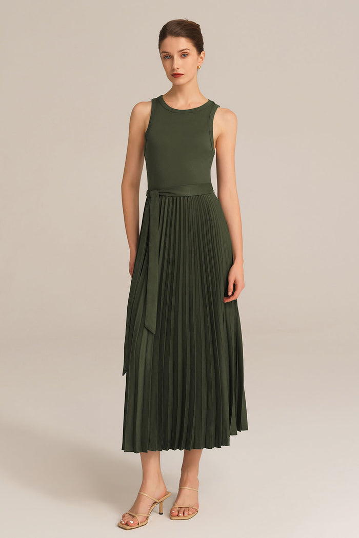 Grace Karin Crew Neck Elastic Waist Pleated Color Block Sleeveless A-Line Dress - Green