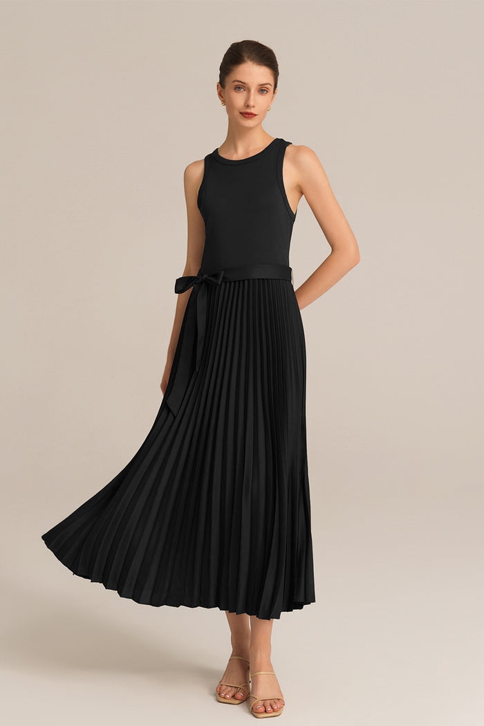 grace karin Crew Neck Elastic Waist Pleated Color Block Sleeveless A-Line Dress - Black