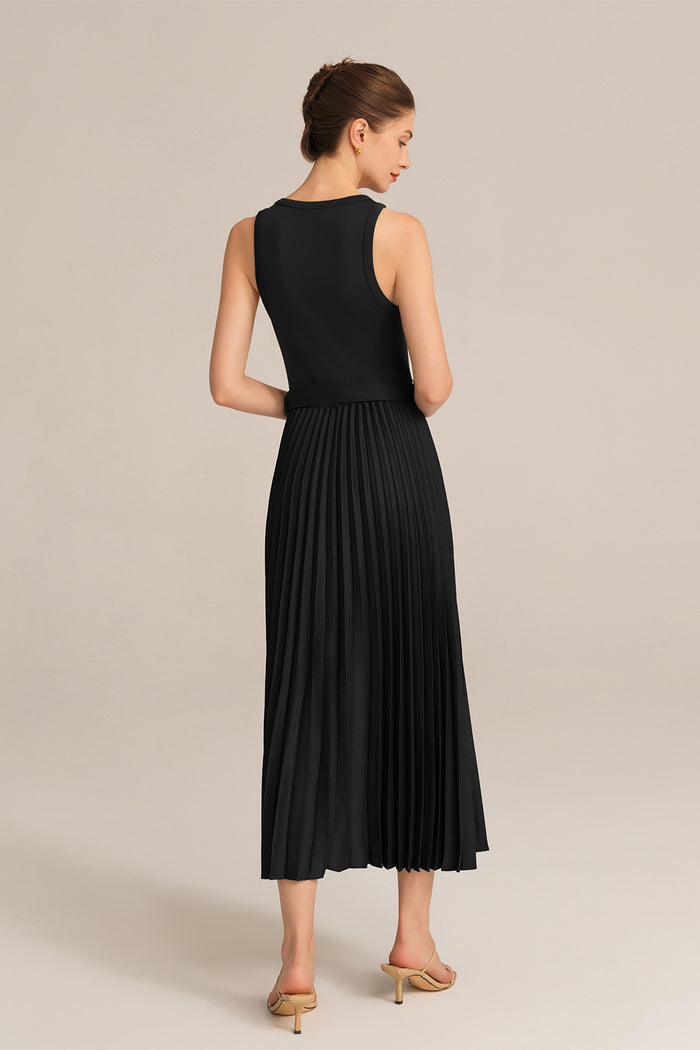 Grace Karin Crew Neck Elastic Waist Pleated Color Block Sleeveless A-Line Dress - Black