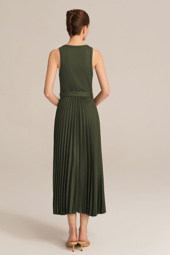 Grace Karin Crew Neck Elastic Waist Pleated Color Block Sleeveless A-Line Dress - Green