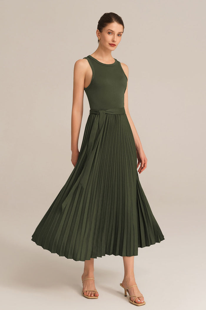 Grace Karin Crew Neck Elastic Waist Pleated Color Block Sleeveless A-Line Dress - Green