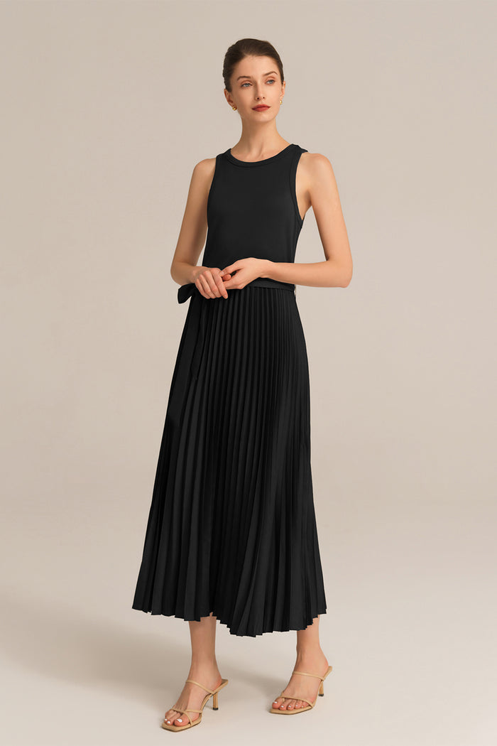 Grace Karin Crew Neck Elastic Waist Pleated Color Block Sleeveless A-Line Dress - Black