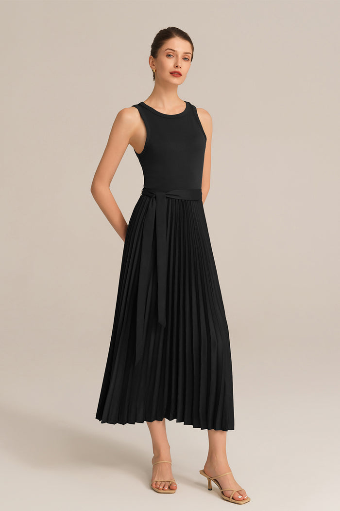 Grace Karin Crew Neck Elastic Waist Pleated Color Block Sleeveless A-Line Dress - Black