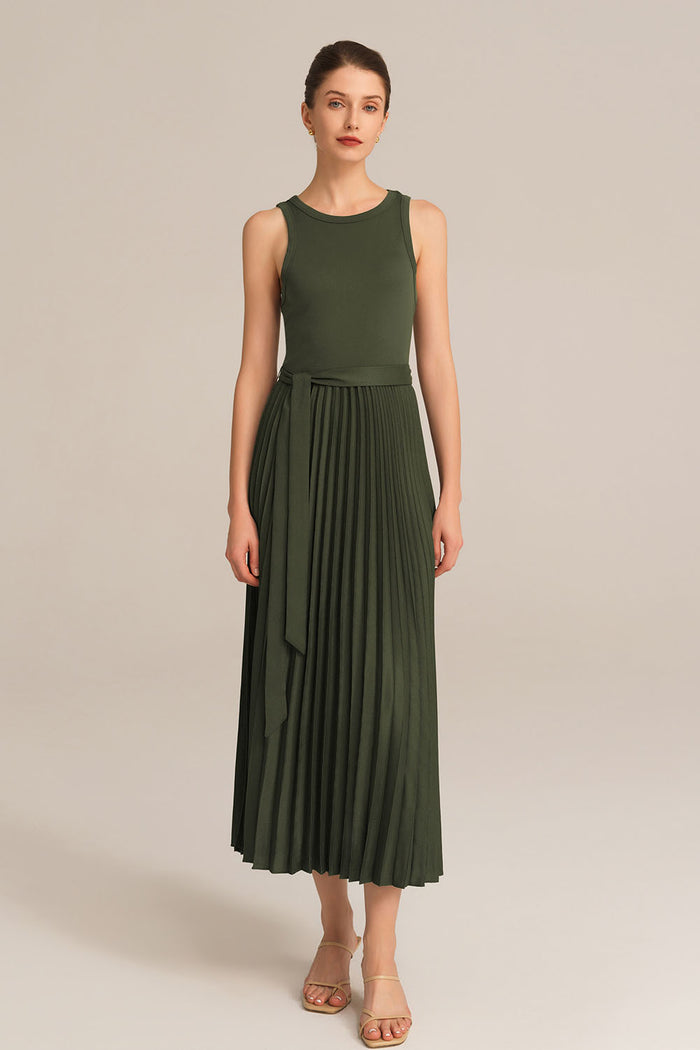 grace karin Crew Neck Elastic Waist Pleated Color Block Sleeveless A-Line Dress - Green