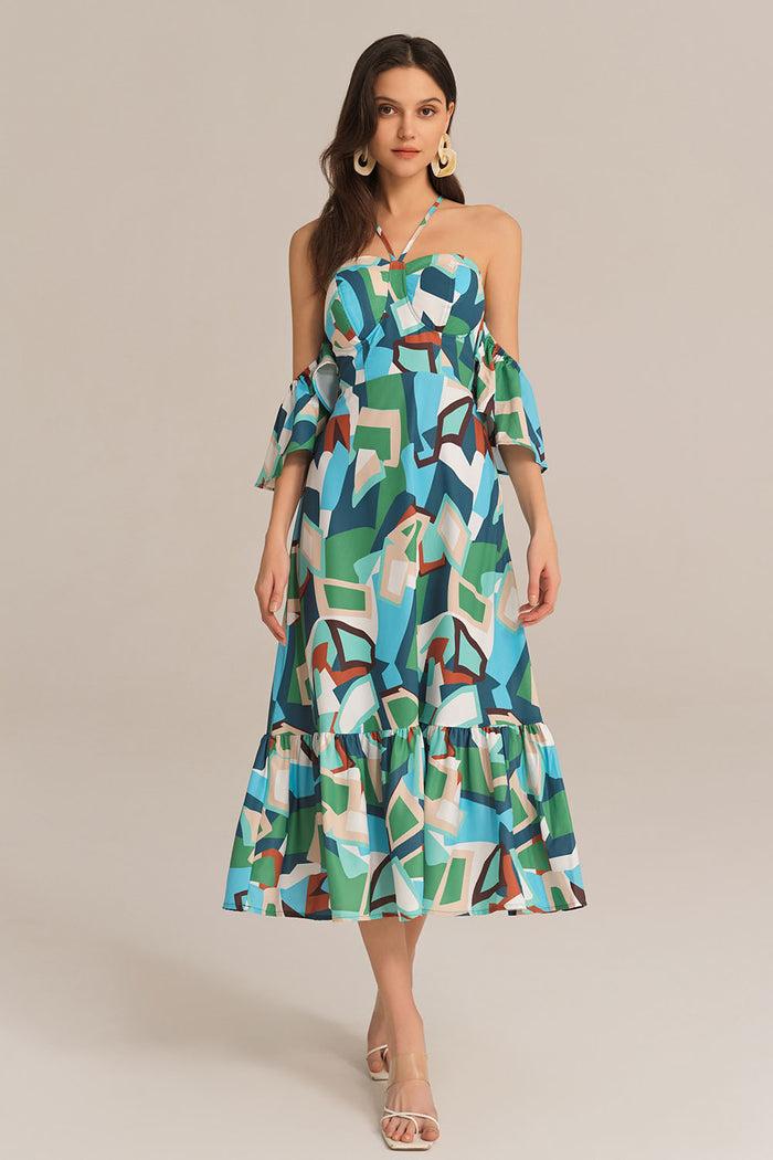 Grace Karin Cross Back Padded Bust Halterneck Off Shoulder Printed Dress - Green
