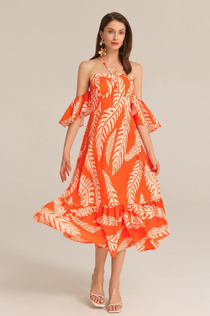 Grace Karin Cross Back Padded Bust Halterneck Off Shoulder Printed Dress - Orange