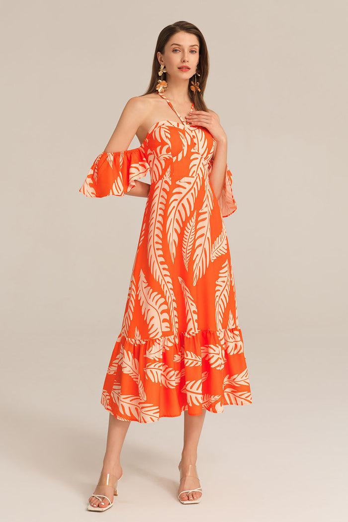 grace karin Cross Back Padded Bust Halterneck Off Shoulder Printed Dress - Orange