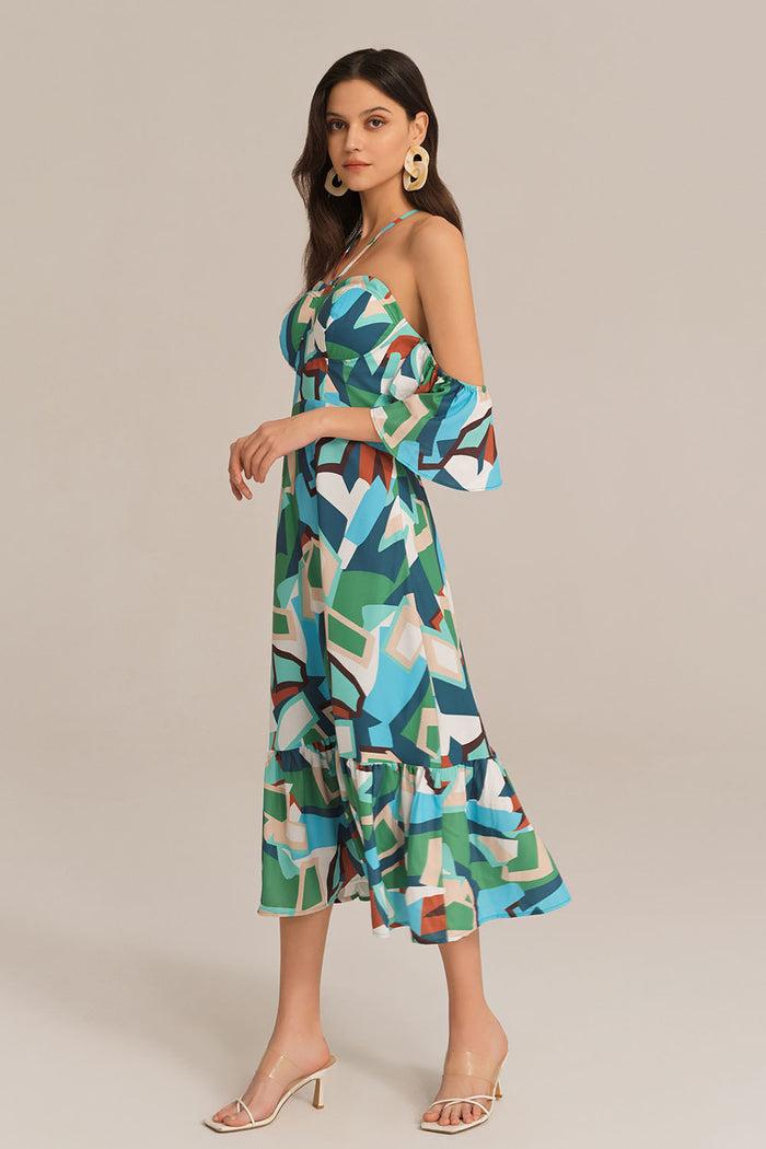Grace Karin Cross Back Padded Bust Halterneck Off Shoulder Printed Dress - Green