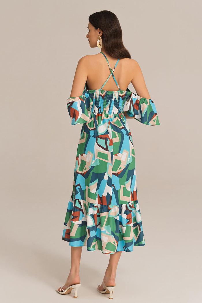 Grace Karin Cross Back Padded Bust Halterneck Off Shoulder Printed Dress - Green