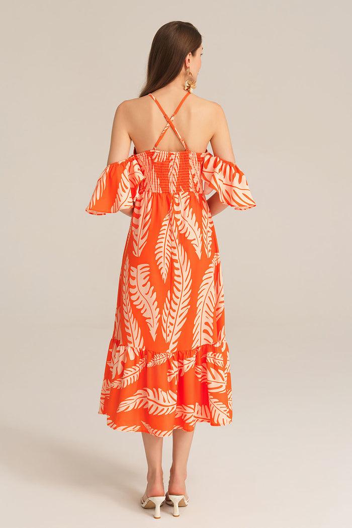 Grace Karin Cross Back Padded Bust Halterneck Off Shoulder Printed Dress - Orange