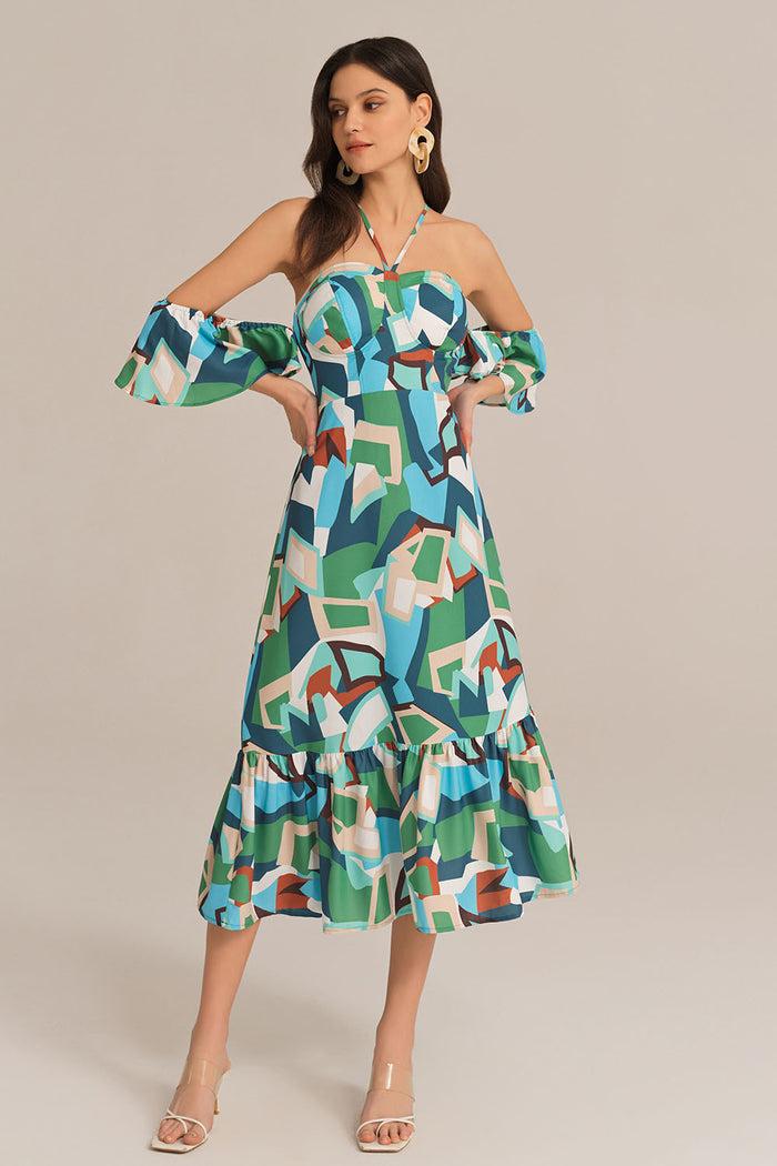 grace karin Cross Back Padded Bust Halterneck Off Shoulder Printed Dress - Green