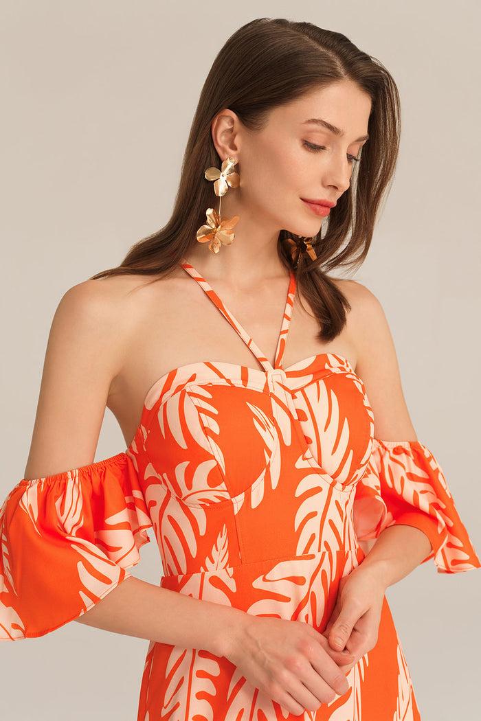 Grace Karin Cross Back Padded Bust Halterneck Off Shoulder Printed Dress - Orange