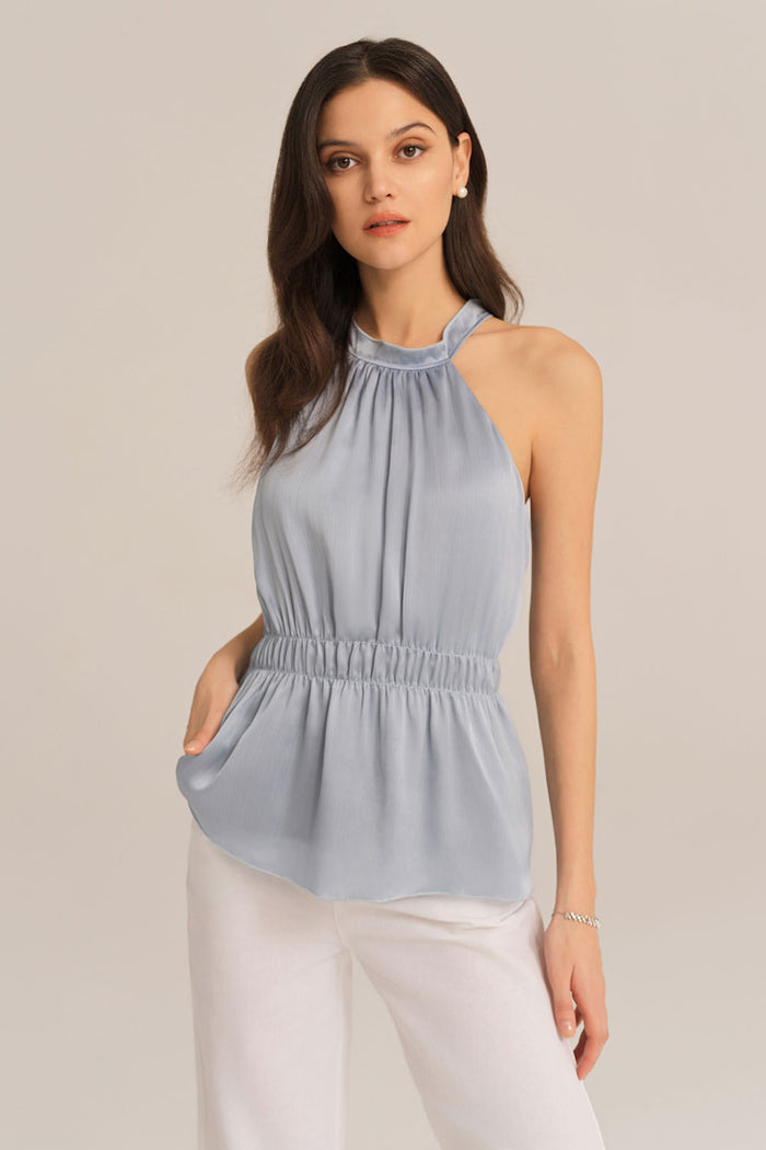 Grace Karin Cut-out Shoulder Keyhole Back Elastic Waist Halterneck Tops - Blue