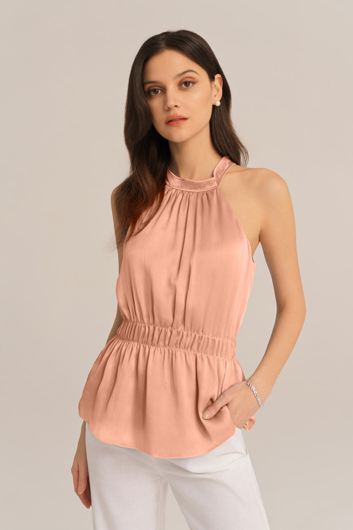 Grace Karin Cut-out Shoulder Keyhole Back Elastic Waist Halterneck Tops - Pink