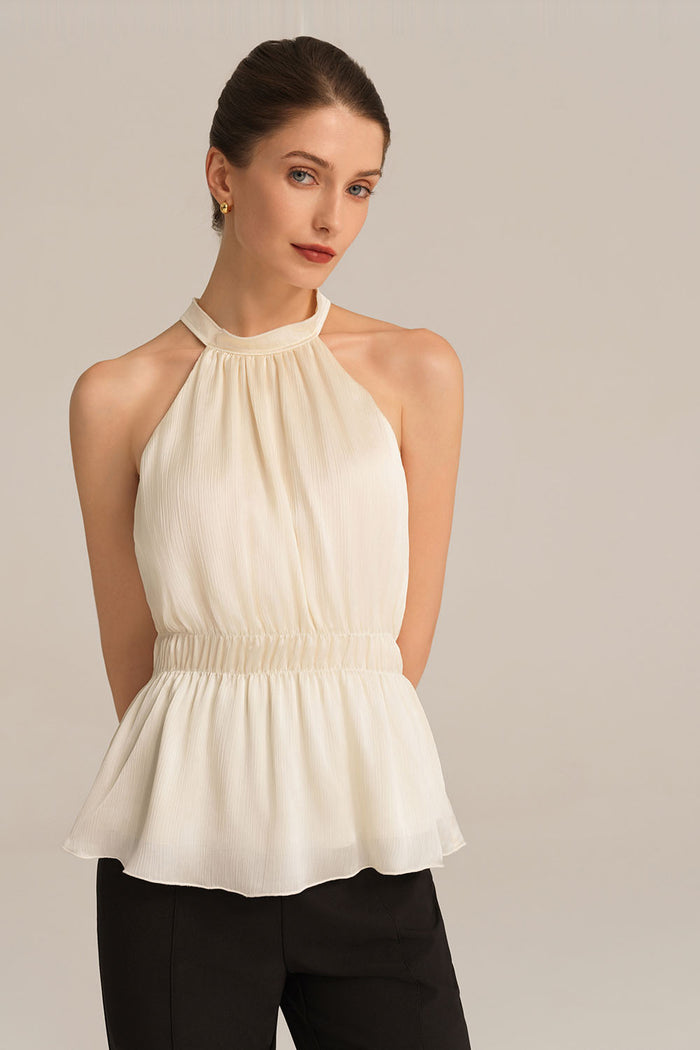 Grace Karin Cut-out Shoulder Keyhole Back Elastic Waist Halterneck Tops - White