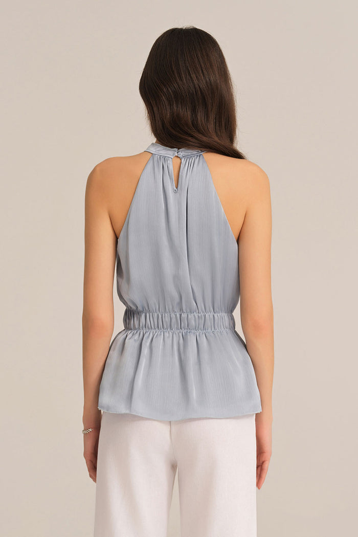 Grace Karin Cut-out Shoulder Keyhole Back Elastic Waist Halterneck Tops - Blue