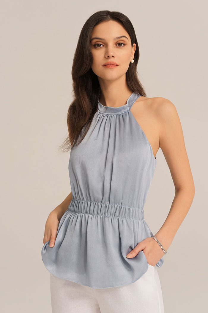 grace karin Cut-out Shoulder Keyhole Back Elastic Waist Halterneck Tops - Blue