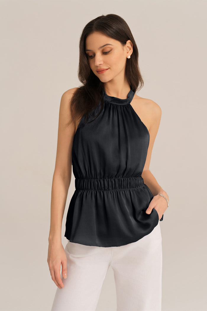 grace karin Cut-out Shoulder Keyhole Back Elastic Waist Halterneck Tops - Black
