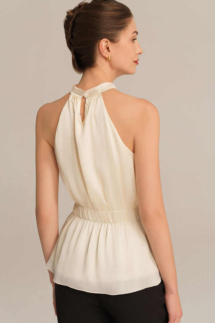 Grace Karin Cut-out Shoulder Keyhole Back Elastic Waist Halterneck Tops - White