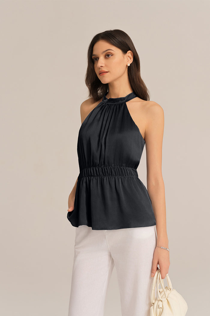Grace Karin Cut-out Shoulder Keyhole Back Elastic Waist Halterneck Tops - Black