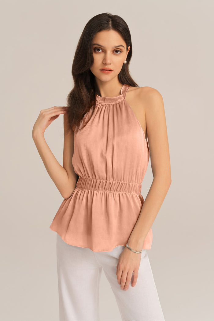 grace karin Cut-out Shoulder Keyhole Back Elastic Waist Halterneck Tops - Pink