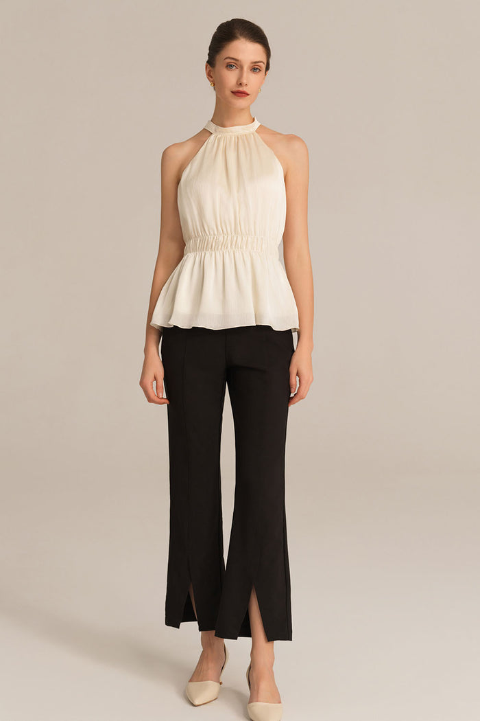 Grace Karin Cut-out Shoulder Keyhole Back Elastic Waist Halterneck Tops - White