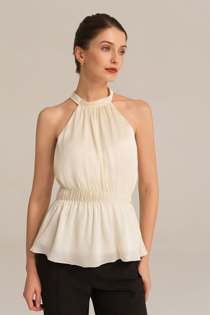 grace karin Cut-out Shoulder Keyhole Back Elastic Waist Halterneck Tops - White