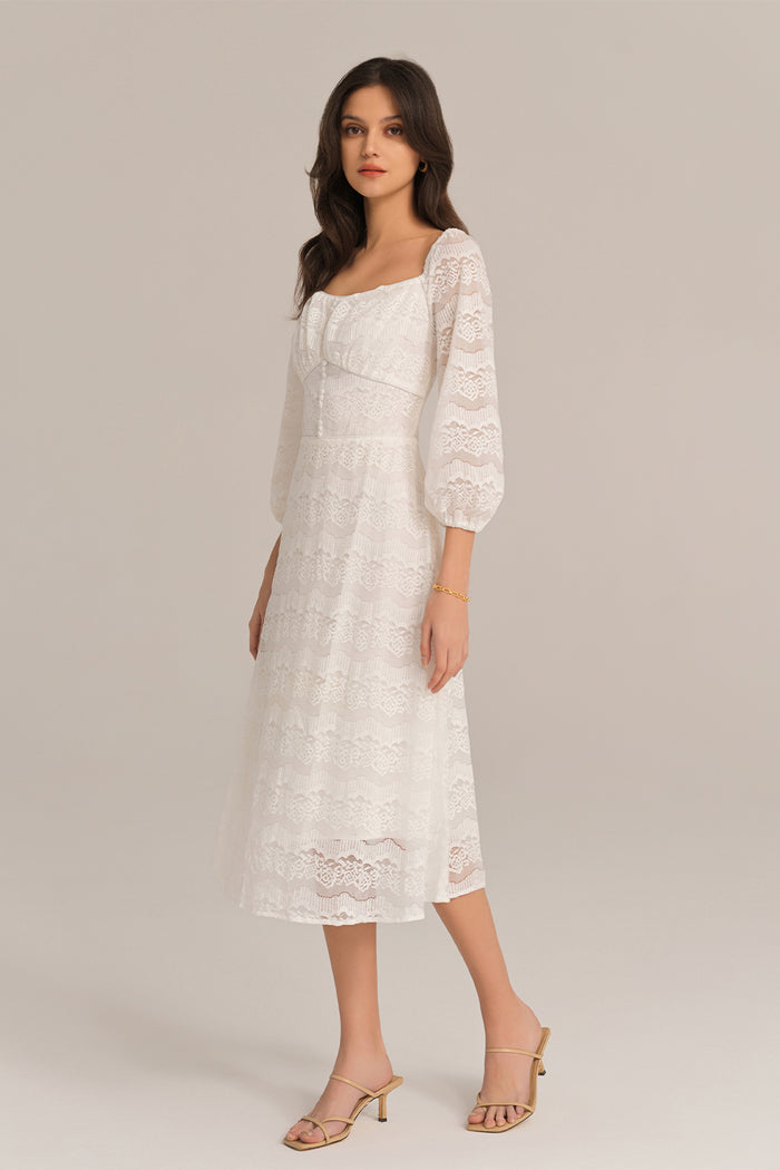 Grace Karin Defined Waist Lace Sleeve Square Neck Midi Dress