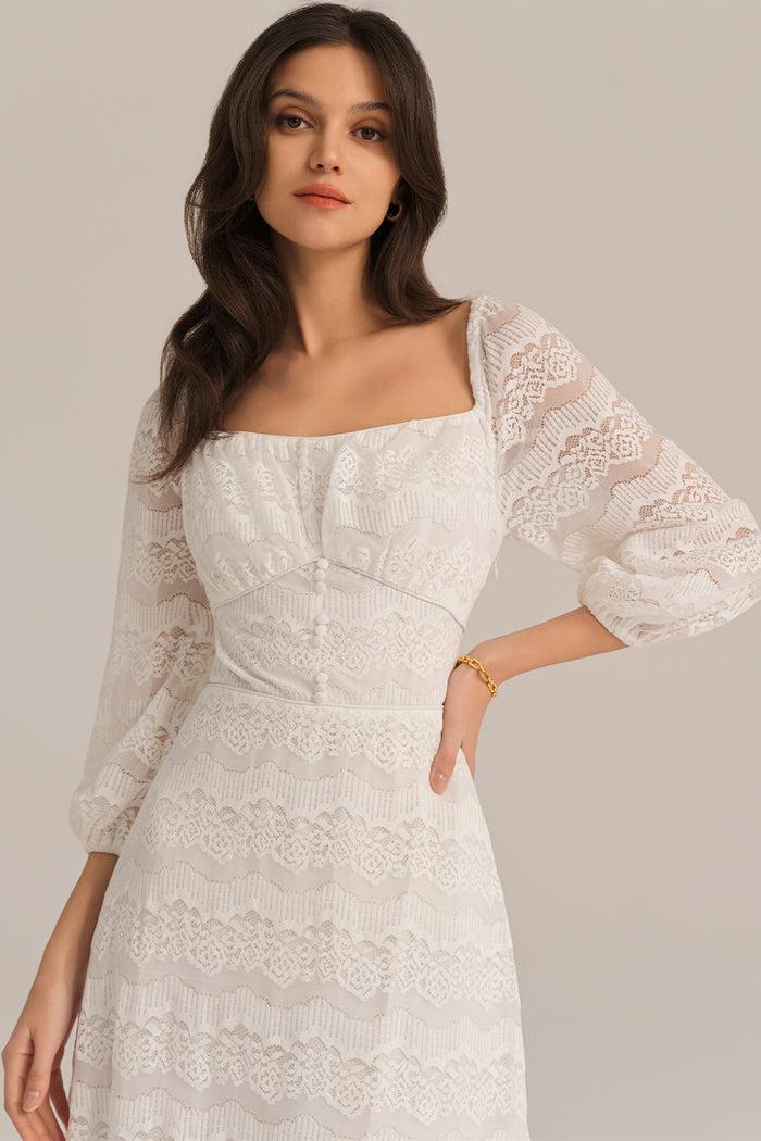 Grace Karin Defined Waist Lace Sleeve Square Neck Midi Dress