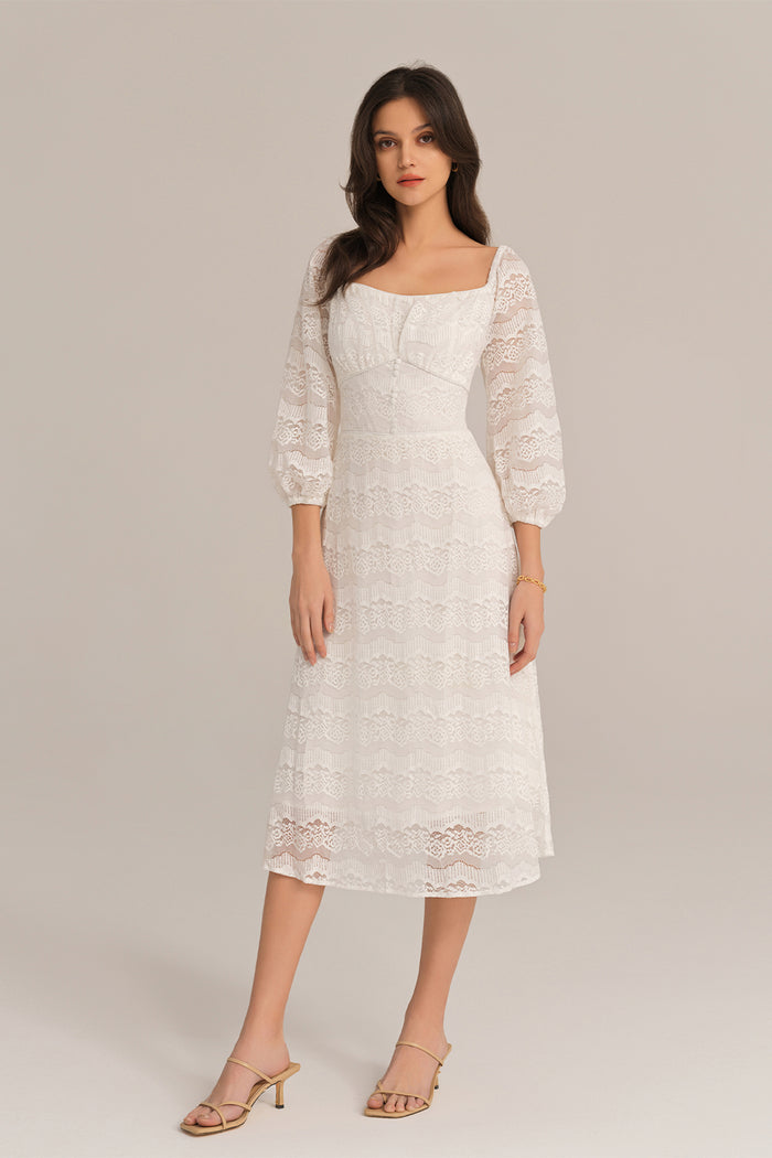 grace karin Defined Waist Lace Sleeve Square Neck Midi Dress