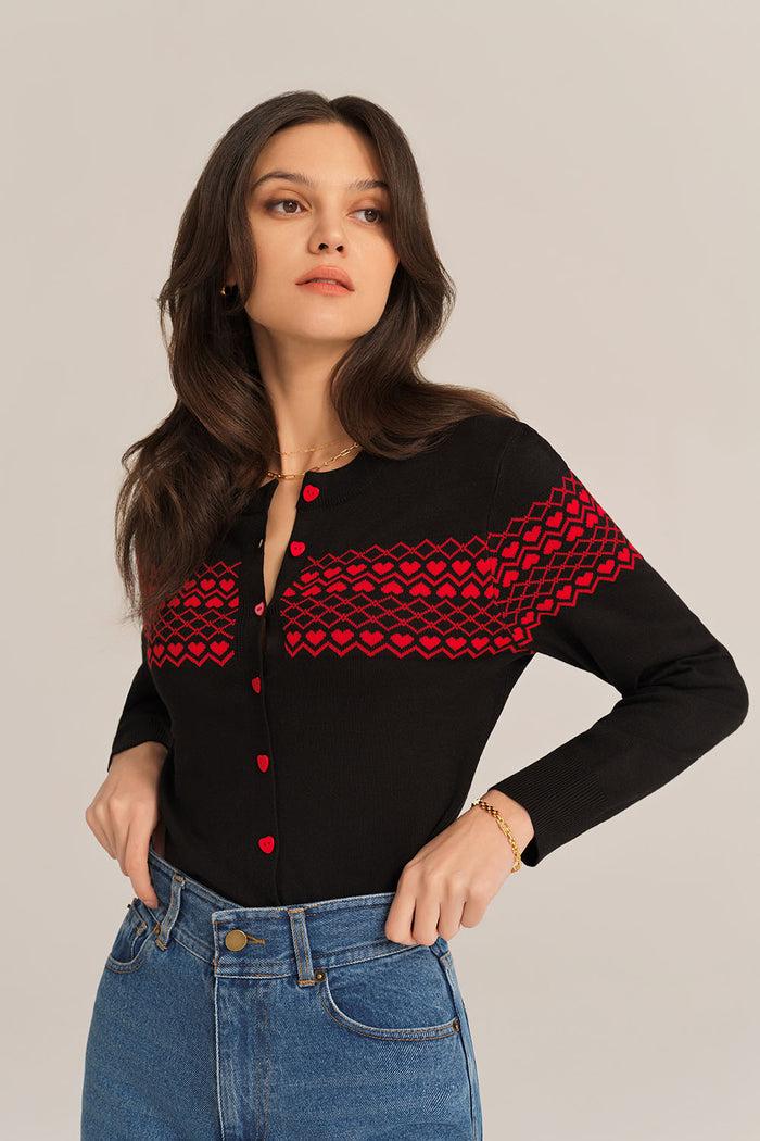 Grace Karin Diamond & Sweetheart Crew Neck Cardigan - Black