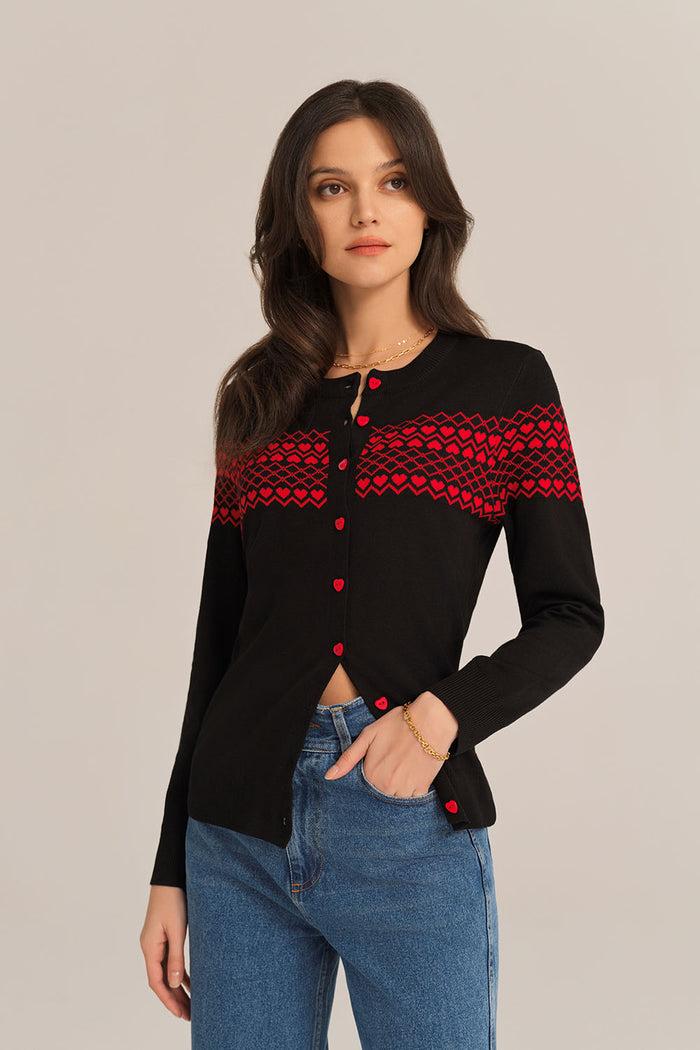 Grace Karin Diamond & Sweetheart Crew Neck Cardigan - Black