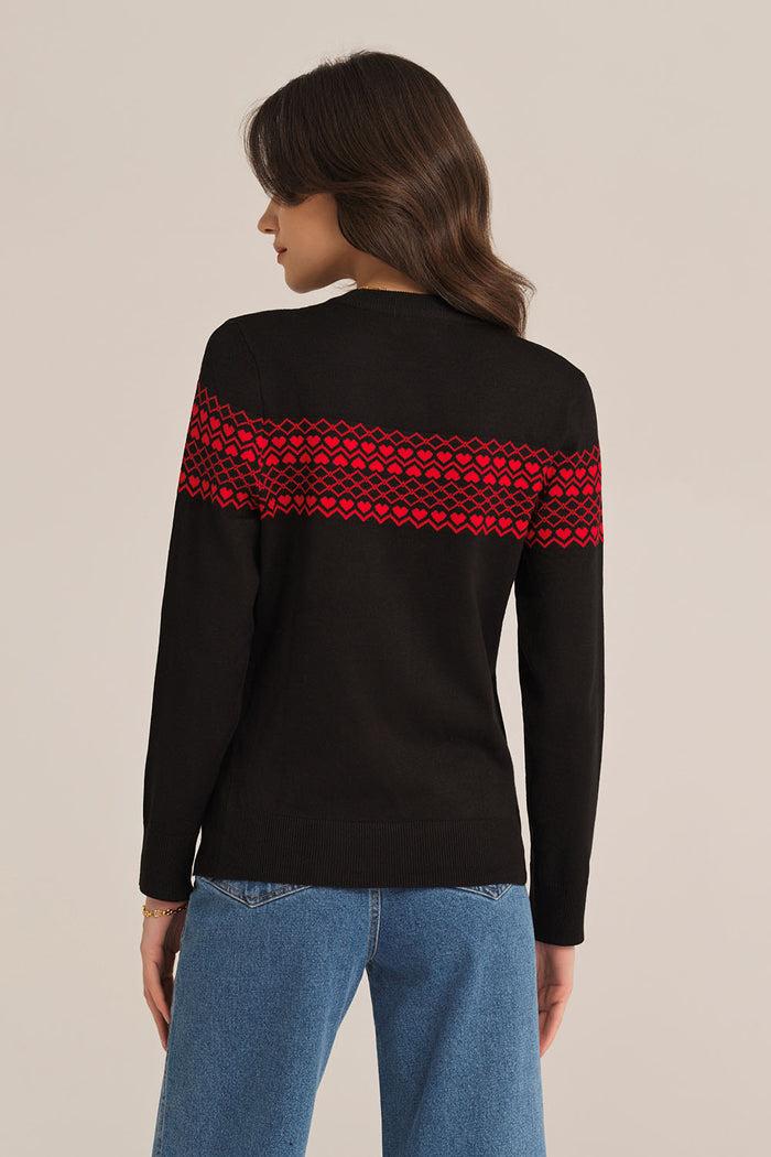 Grace Karin Diamond & Sweetheart Crew Neck Cardigan - Black