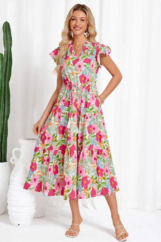 grace karin Drawstring Waist Flutter Sleeve V-Neck Tired A-Line Dress